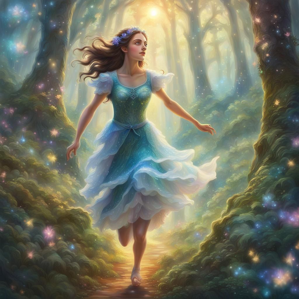 Brunette Fairy in Misty Forest, Ethereal Illustration