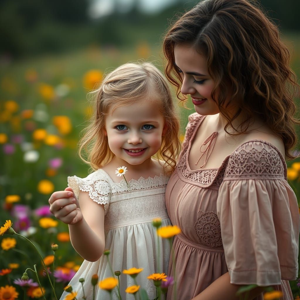 Girl Offers Flower to Mother in Lush Meadow