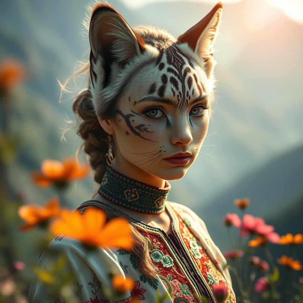 Mystic Feline Woman in Embroidered Attire