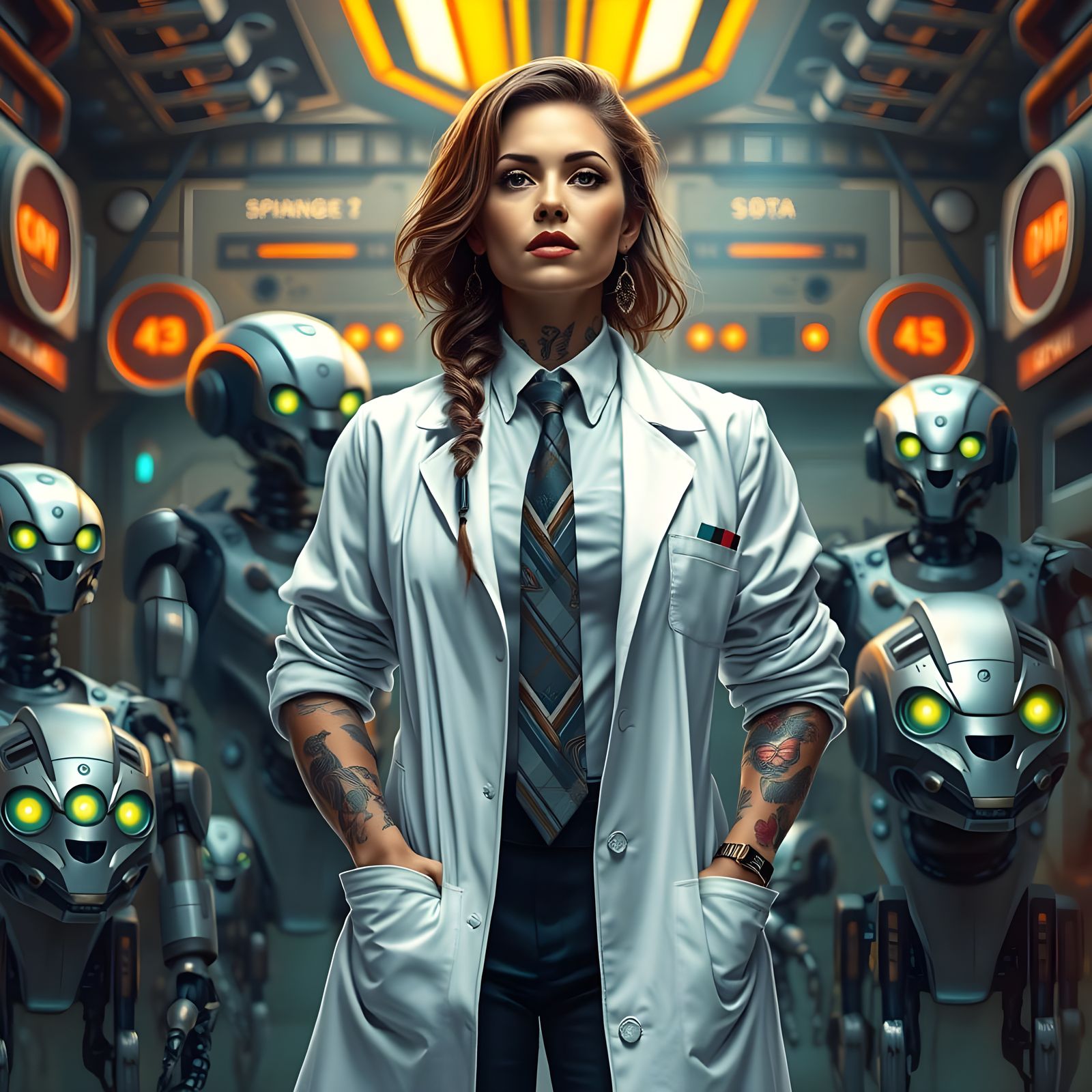 Art Deco Robotics Lab with Tattooed Mechanic