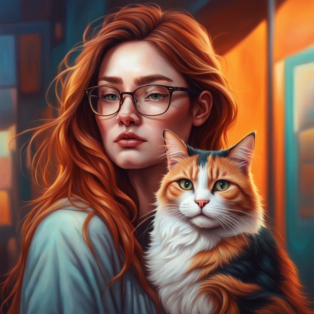 Hyperrealistic Girl with Calico Cat Portrait