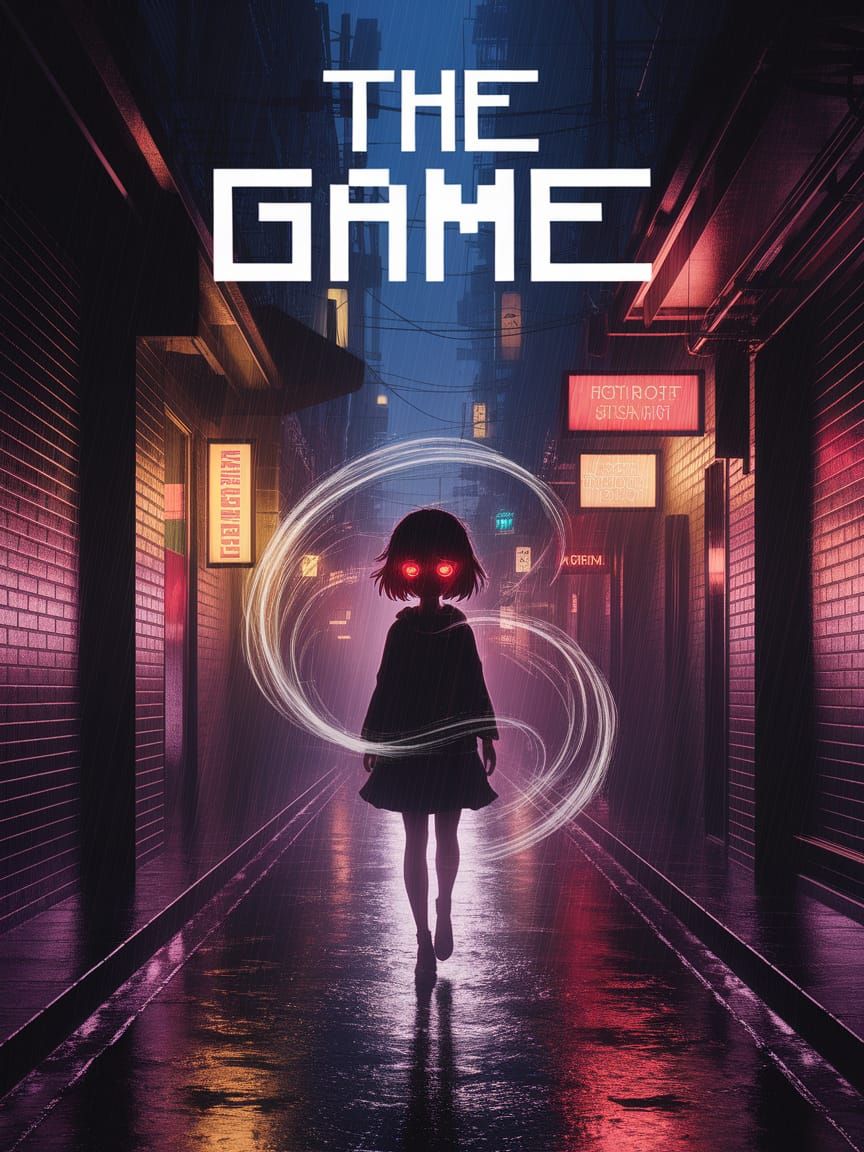 Anime Style Game Cover: Mysterious Girl in Neon Alley