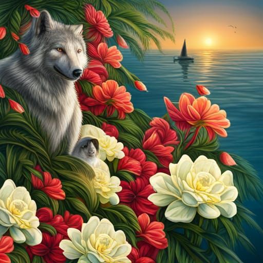 Photorealistic Sea Wolf Among Summer Flowers