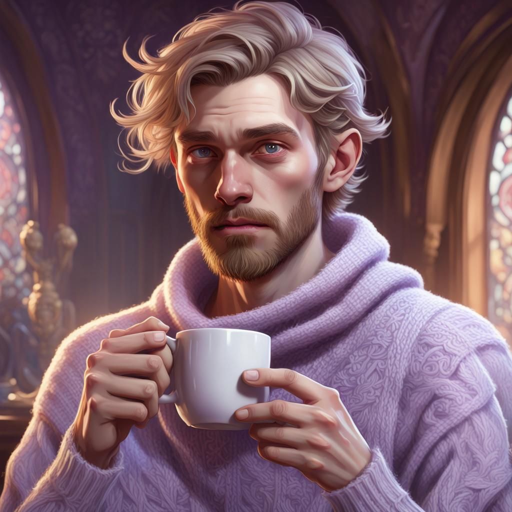 Malnourished Man Holding Tea Cup: Artgerm Style Portrait