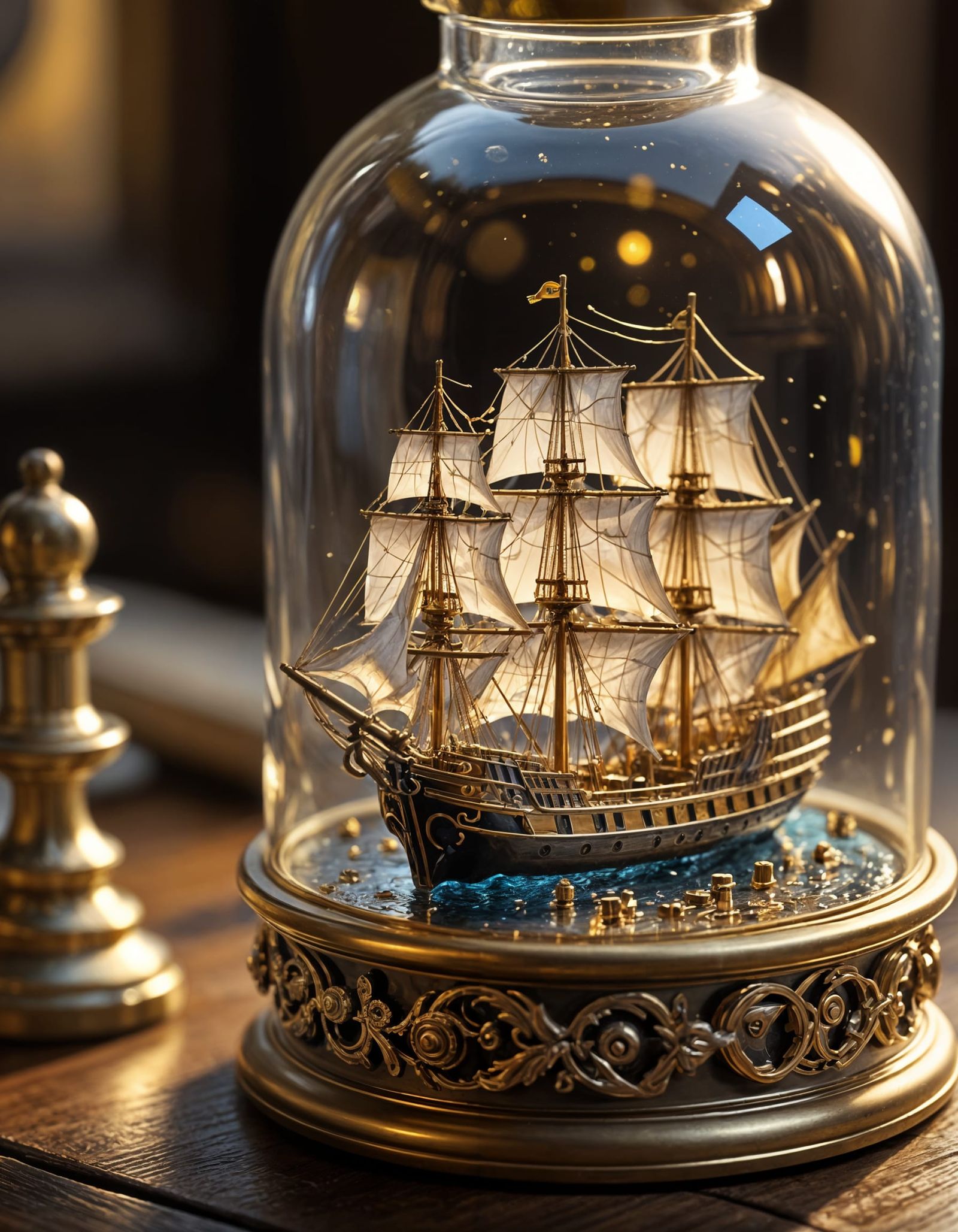 Intricate Ship in a Bottle, Gilded Gold Details