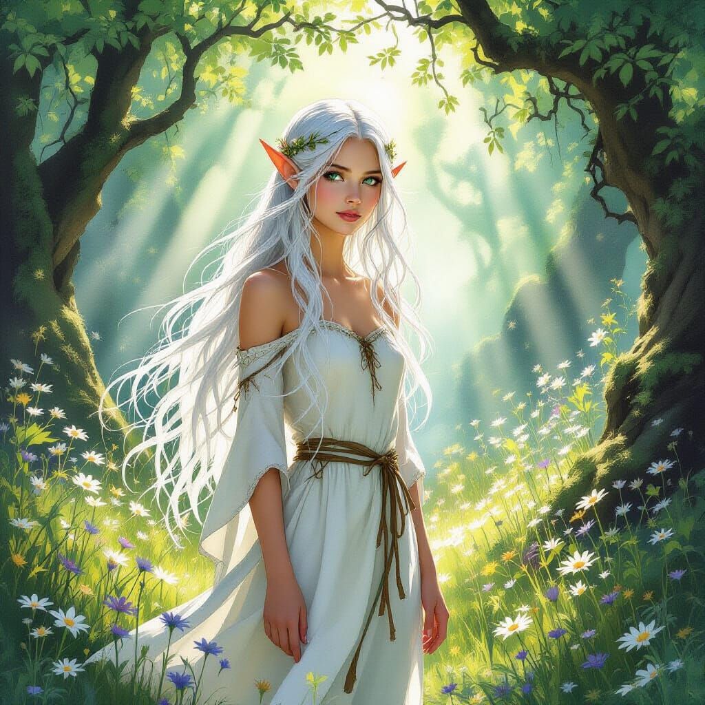 Ethereal Elf Maiden in Sun-Dappled Forest