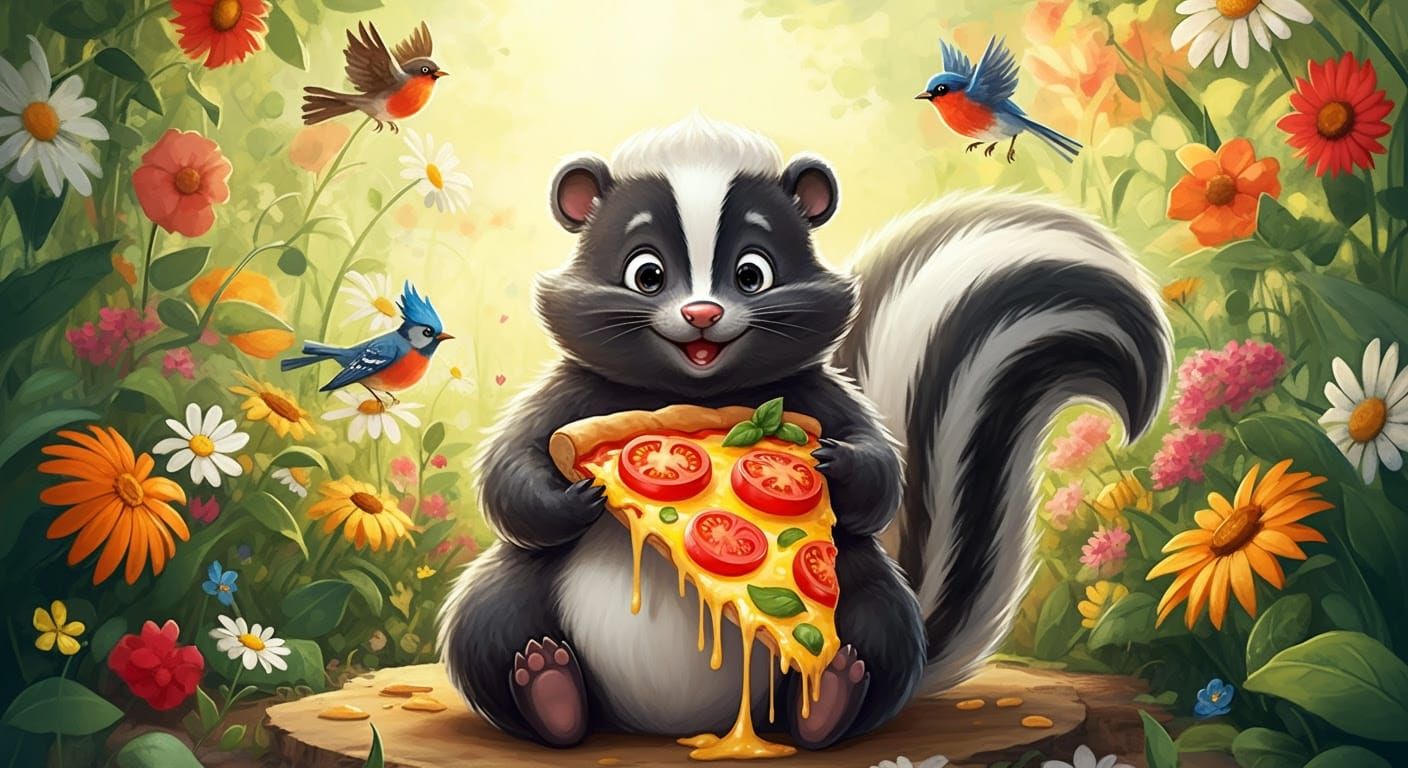 Cheerful Skunk Savoring Giant Pizza in Whimsical Woodland