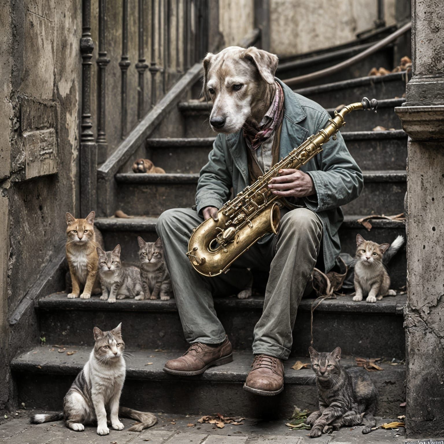 Hound Dog Sax Player in Whimsical Alley Scene