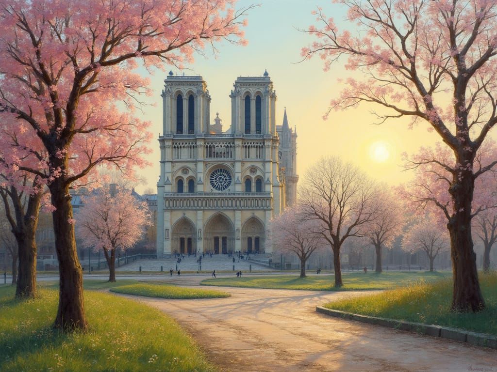 Golden Dawn Illuminates Notre-Dame Cathedral in Impressionis...