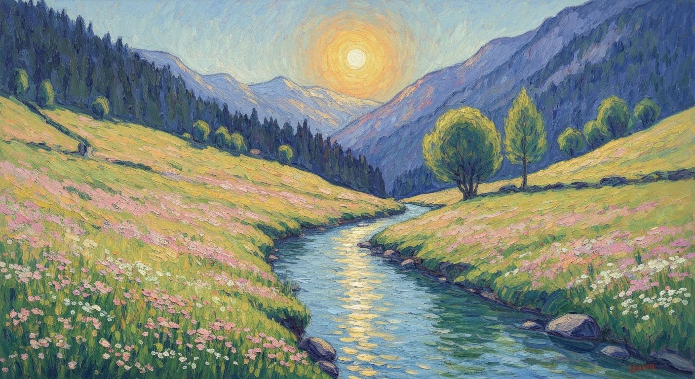 Pastel River Valley in Psychedelic Impressionist Style