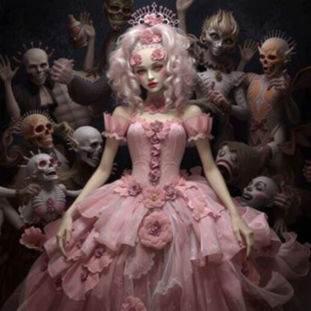 Gothic Carnival Scene with Woman in Lace Dress