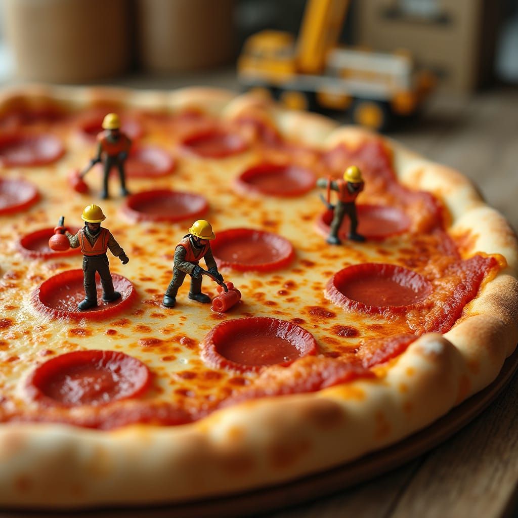 Whimsical Miniature Construction Workers Build Giant Pizza M...