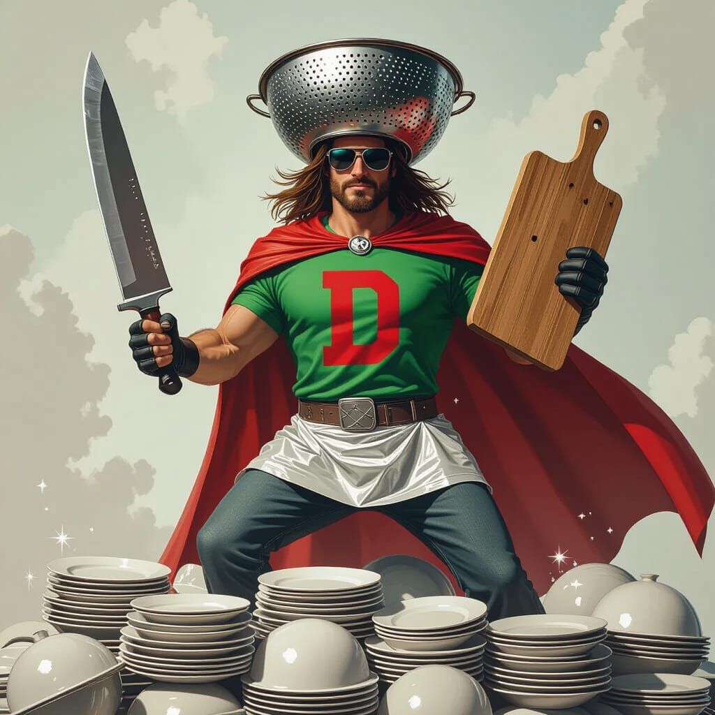 Super Dishwasher Man Victorious in Fantasy Art Style