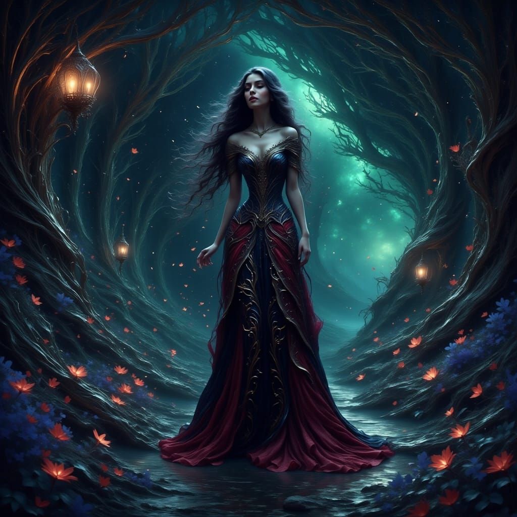 Dark Elf Maiden in Bioluminescent Cavern