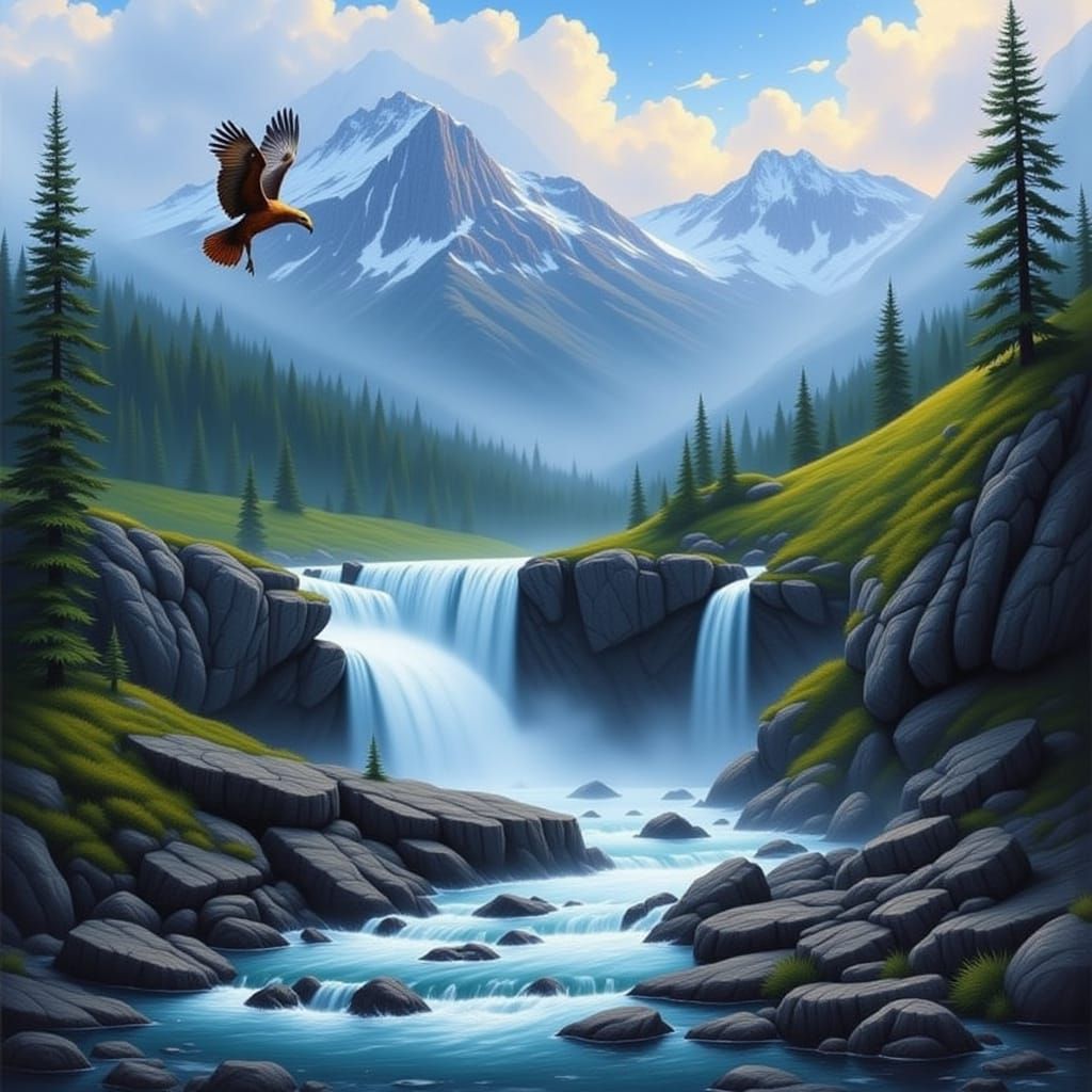 Hawk Soars Over Majestic Mountain Waterfall