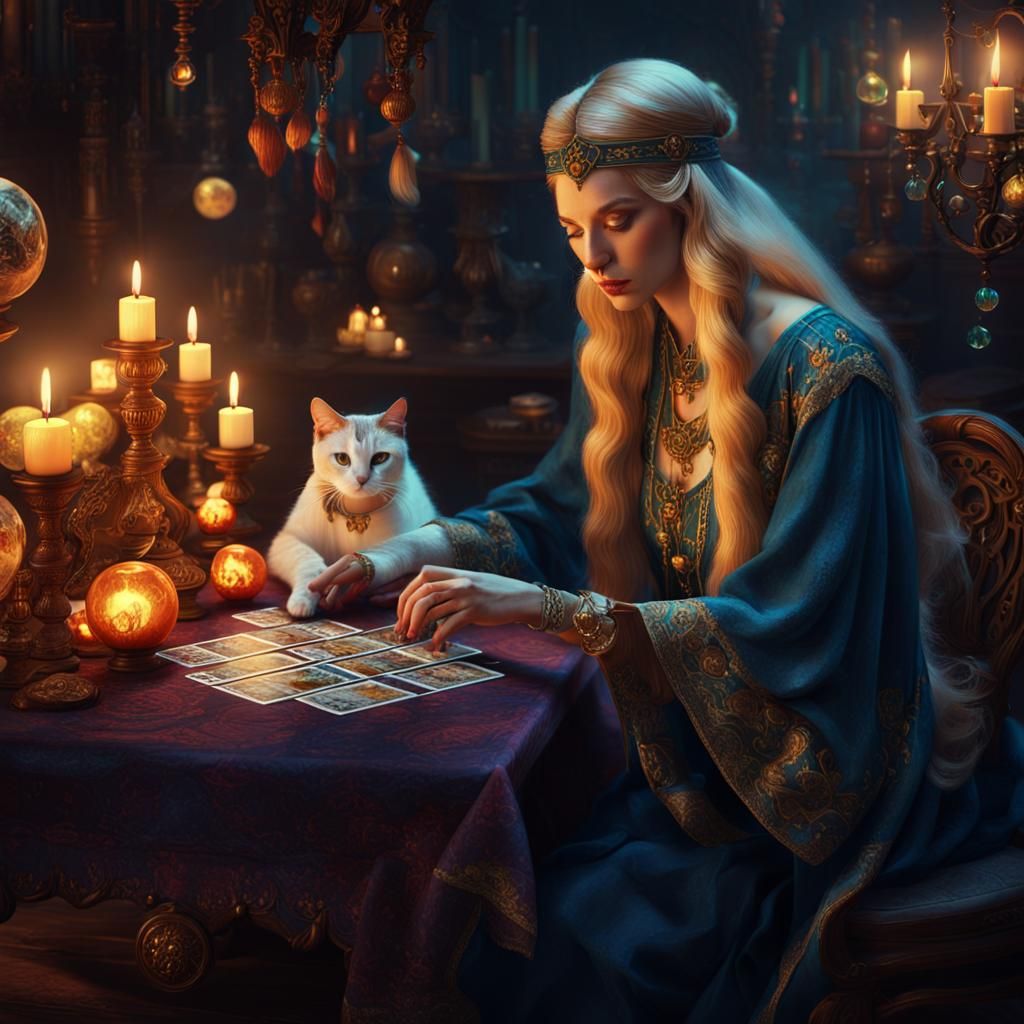 Cat Fortune Teller Reads Tarot Cards: Fantasy Art