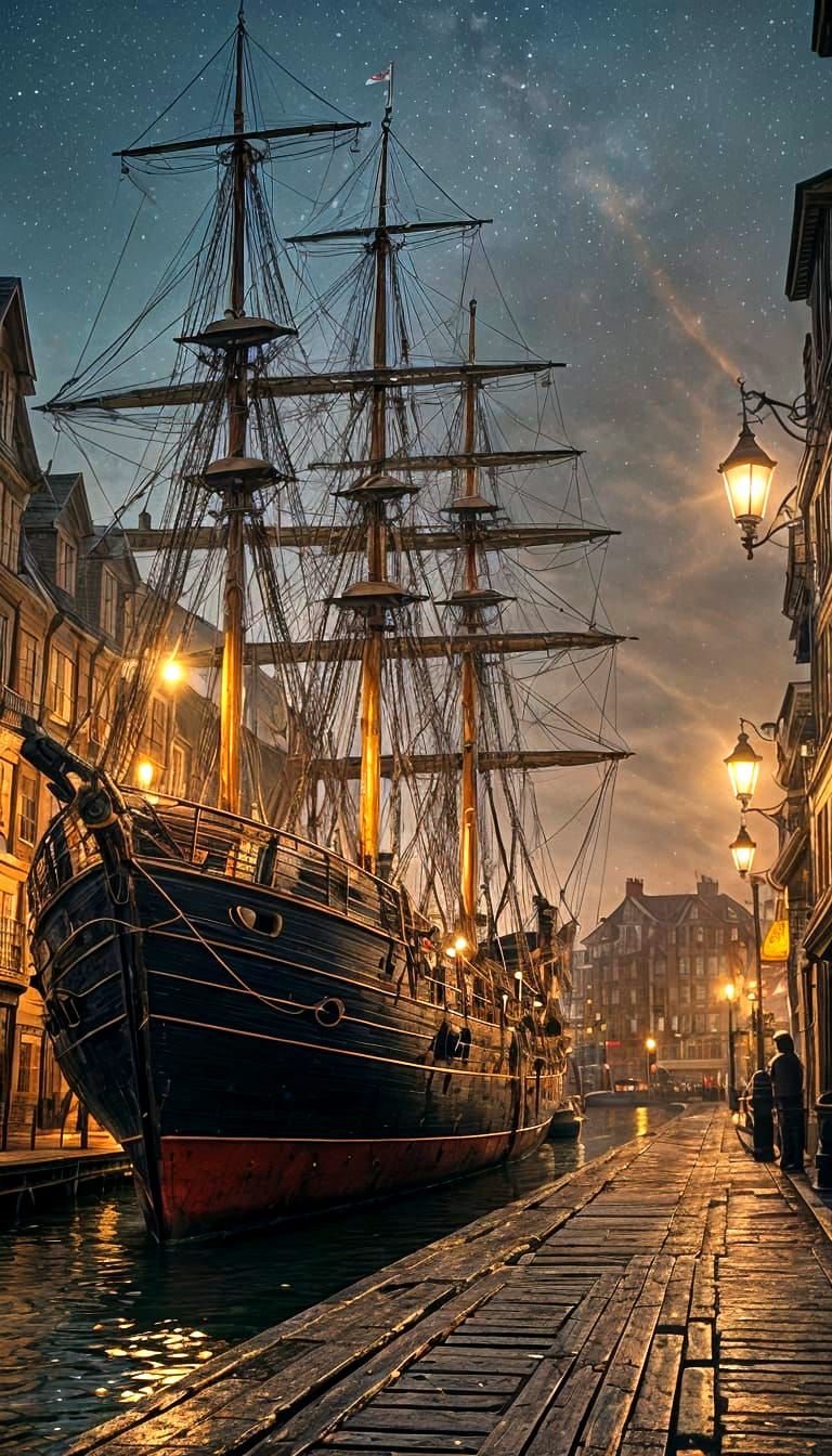 Hyperrealistic 1800's Port Town Under Starry Galaxy