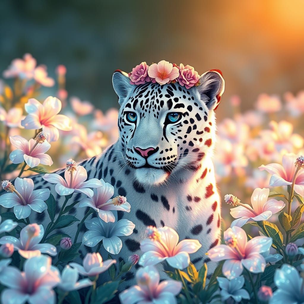 Snow Leopard in Crystal Hibiscus Field: Ghibli-Inspired