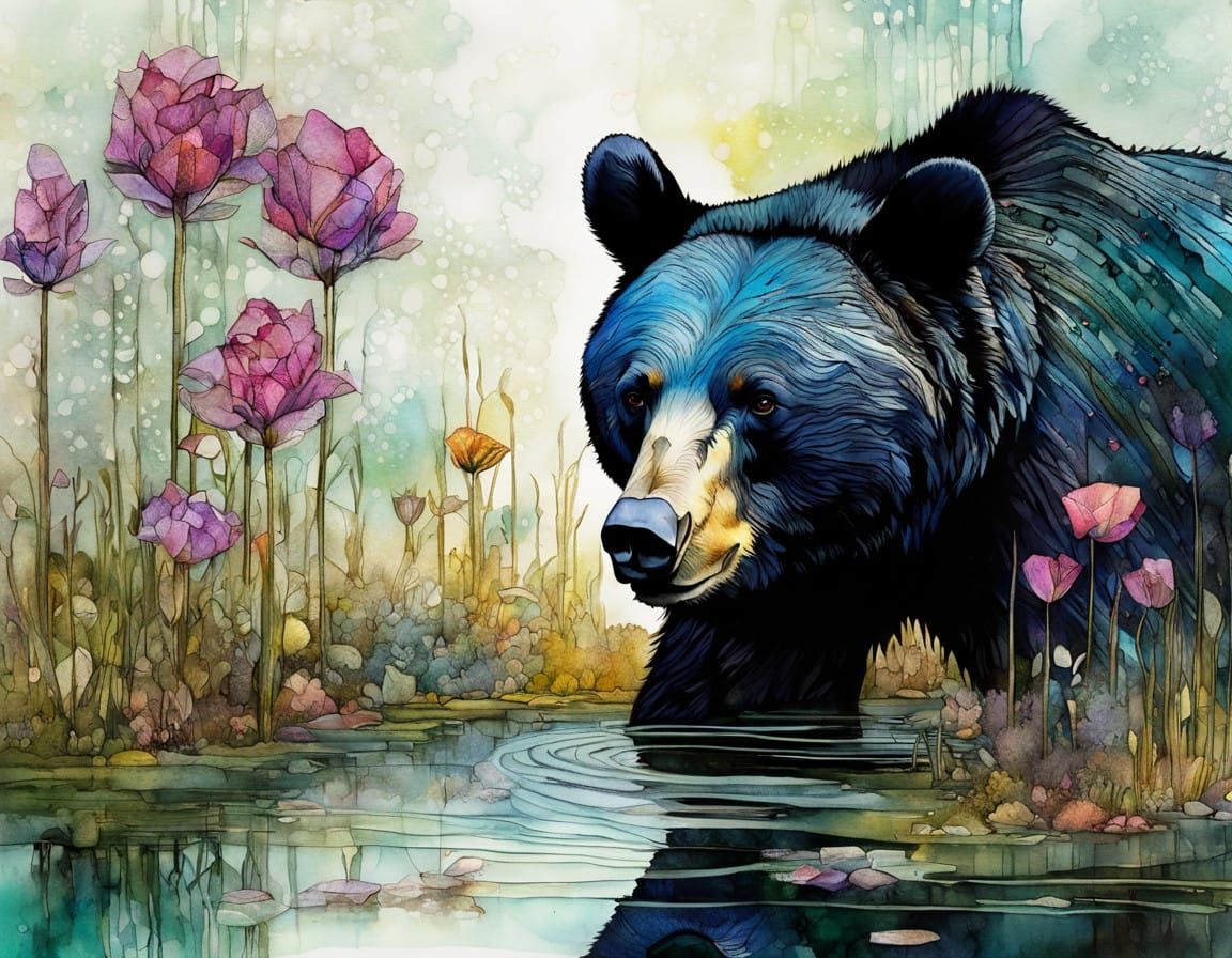 Black Bear in Vibrant, Triadic Colors, a Mixed Media Masterp...