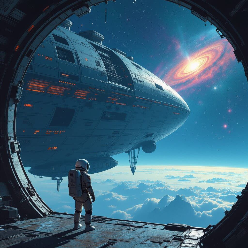 Astronaut Adrift Near Skeletal Whale Space Station