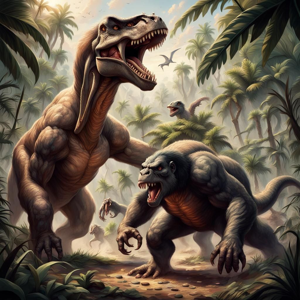 Epic Dinosaur vs Ape Battle in Prehistoric Jungle