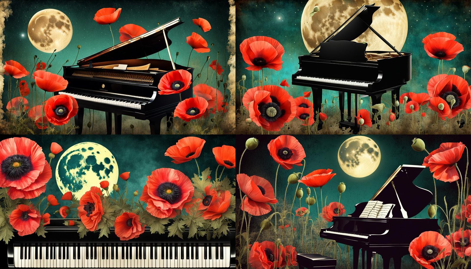Vibrant Full Moon, Vintage Poppies, and Piano