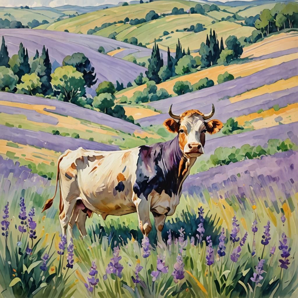 Cow in Lavender Field as Gouache Impressionist Painting