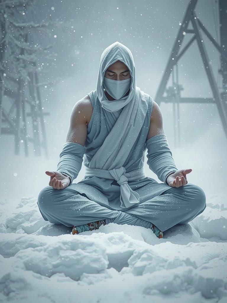 Serene Ninja in Meditation Amidst Blizzard