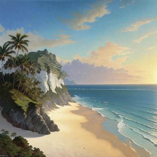 Beach Landscape in Art Nouveau Oil Painting