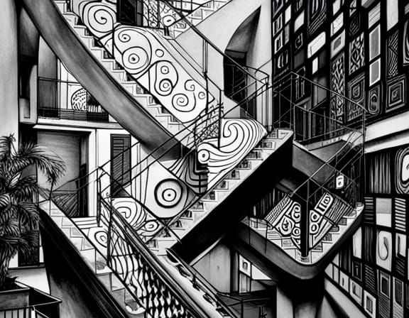 Escher Face and Klimt Staircase in Geometric Art