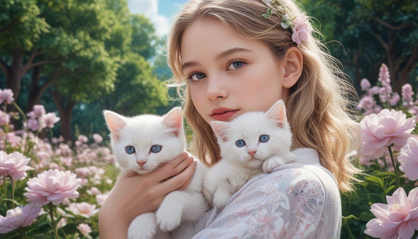 Cute Girl Holds Kitten in Flower-Filled Park
