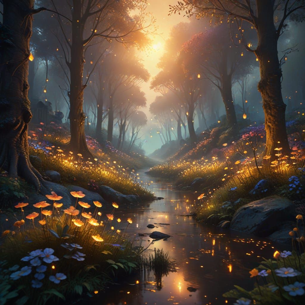 Fantasy Forest Townscape with Glowing Flowers in Surreal Sty...