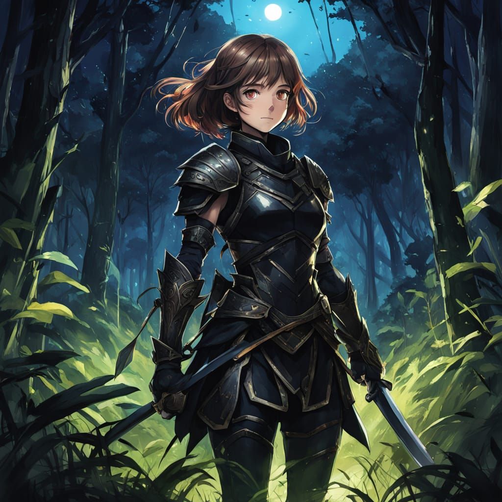 Female Warrior in Black Armor in Neon Jungle