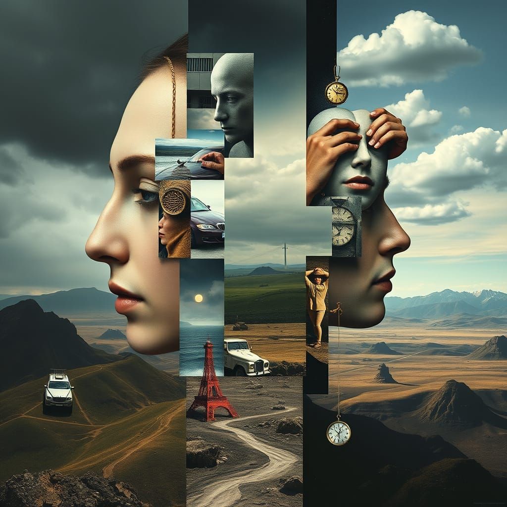 Surrealist Collage with Fragmented Faces and Landscapes