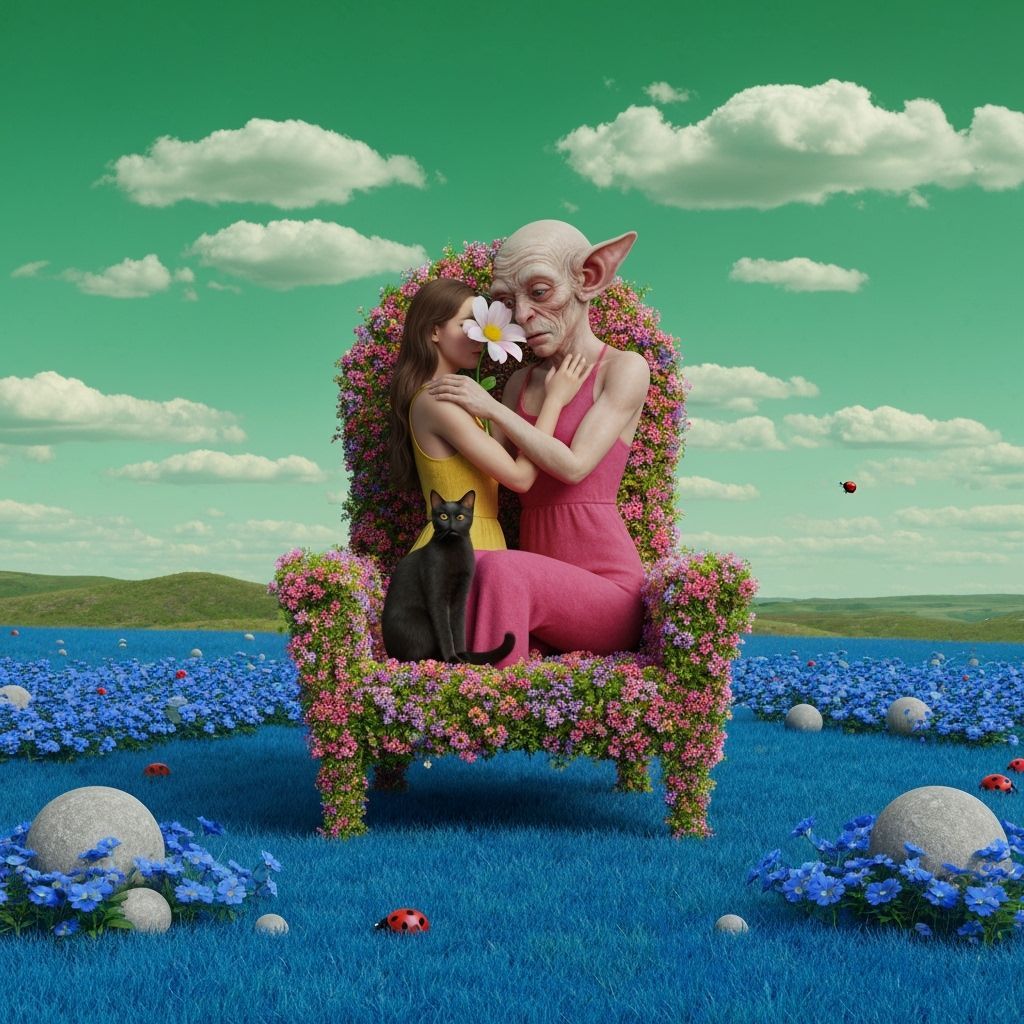 Mysterious Woman Hugs Flower in Surreal Neon Landscape