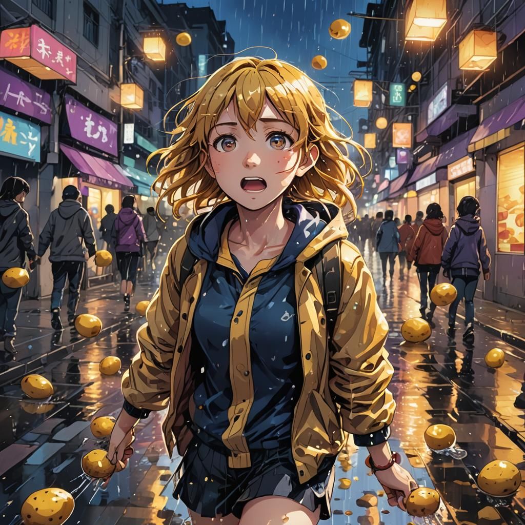 Anime Girl in Rainy Potato Deluge