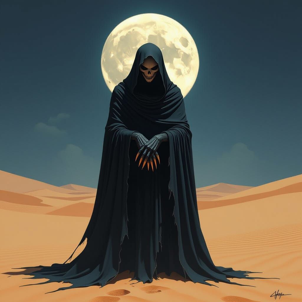 Eerie Humanoid Figure in Moonlit Desert, Dark Fantasy Art
