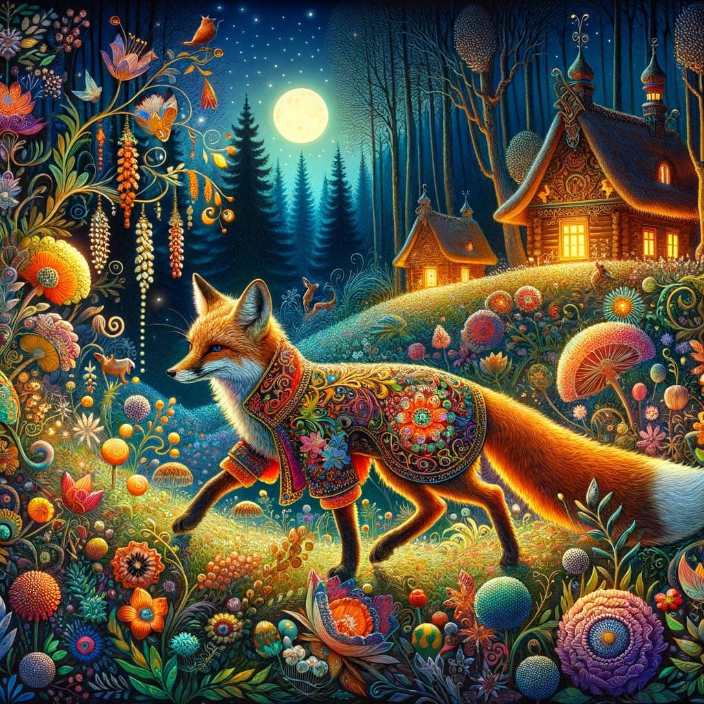 Enchanted Fox in Vibrant Folk Art Forest