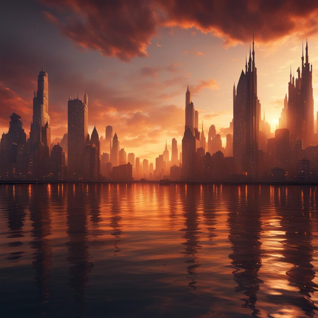 Sunset Cityscape: Detailed Matte Painting