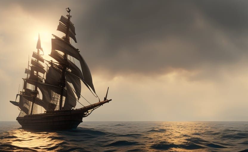 Sailing Ship Amidst Big Waves: Epic Digital Painting