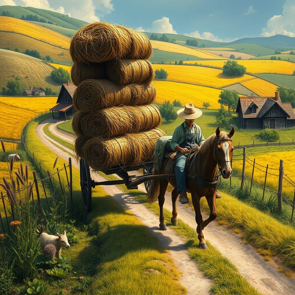A horse-drawn cart stacked with hay bales. A farmer guides t...