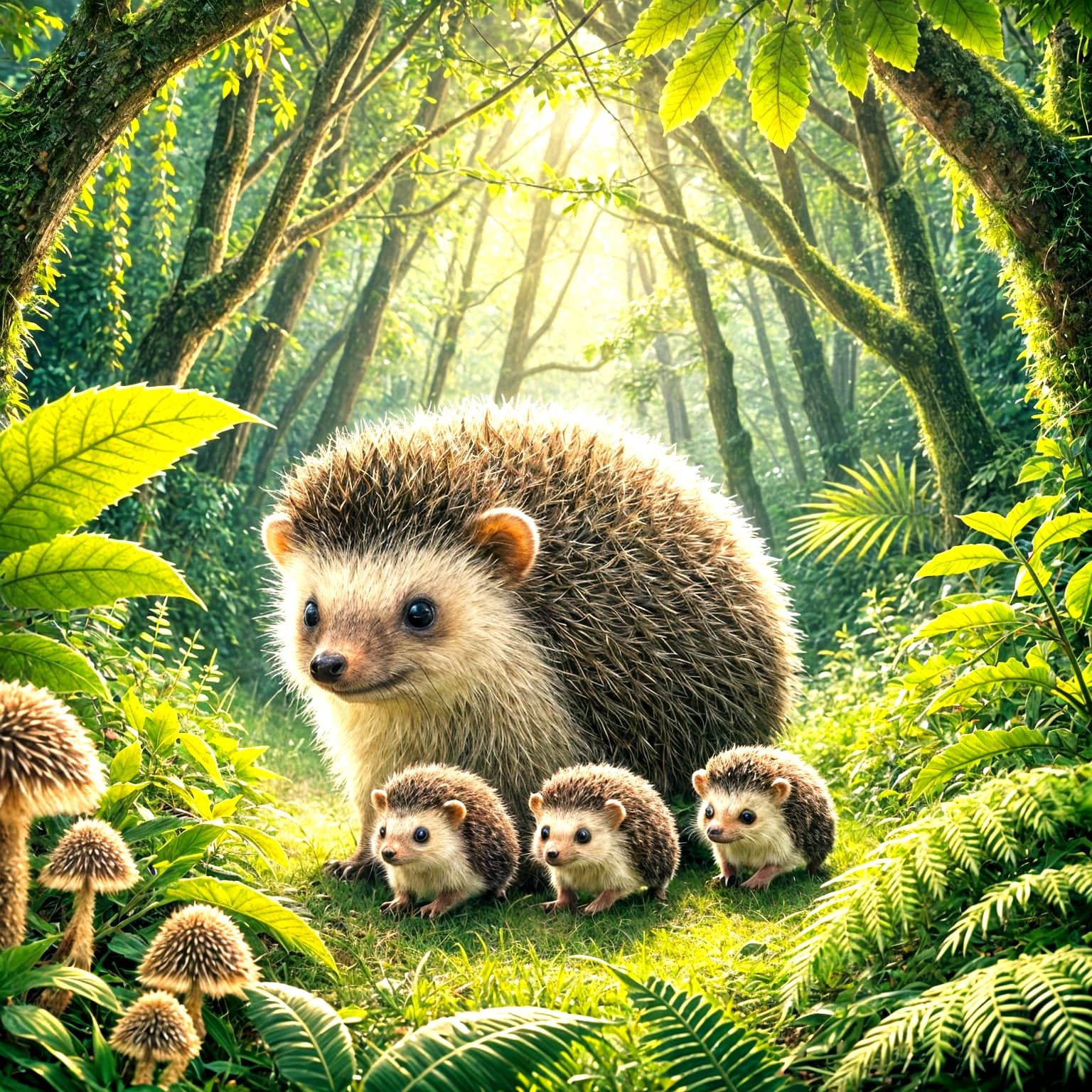 Cute Spiny Hedgehog Family Strolls Through Woodland