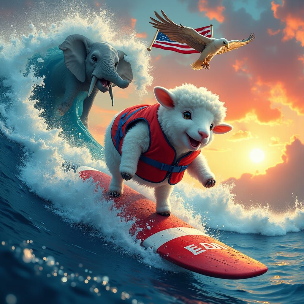 Patriotic Sheep Surfing a Crimson Wave