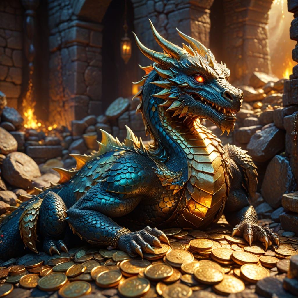 Dragon on Gold Coins in Fantasy Cave