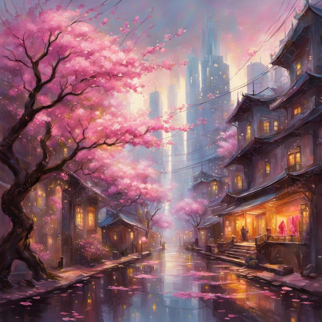 Cyberpunk City Blooms in Impressionist Fantasy Art