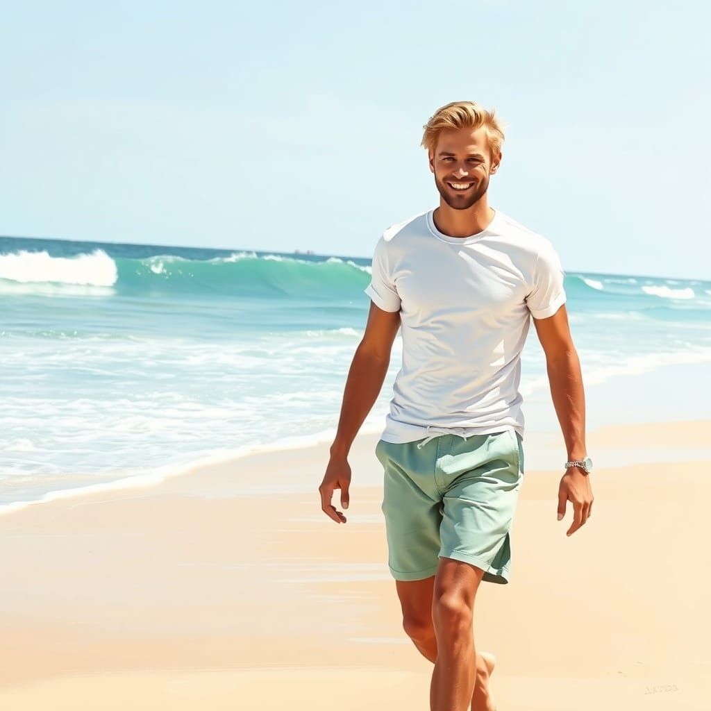 Sunny European Surfer Walking Along Golden Beach