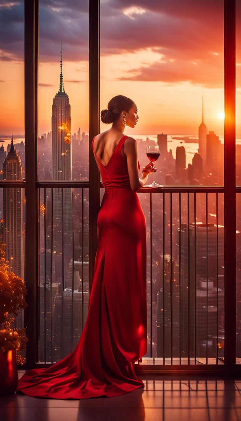 Woman Sips Wine Overlooking New York City at Sunset