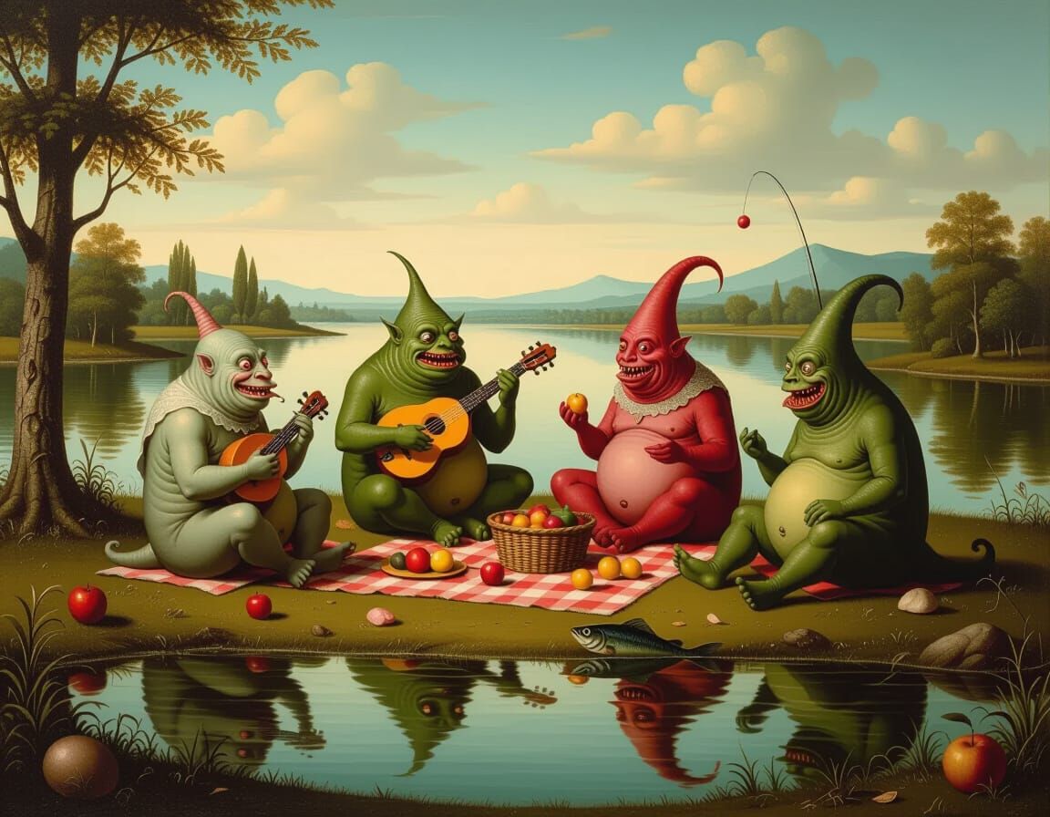 Surreal Picnic with Bizarre Monsters by Tranquil Lake
