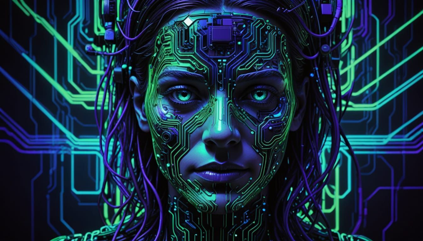 Surreal Face Merged with Glowing Digital Circuits