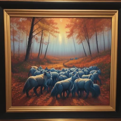 Blue Wolves in Autumn Forest Oil Painting
